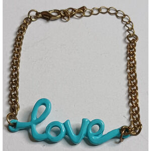 Blue LOVE Gold Tone Chain Bracelet 8.5"
